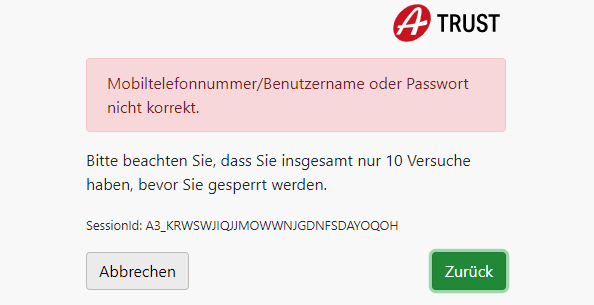 Passwort falsch Fehlermeldung