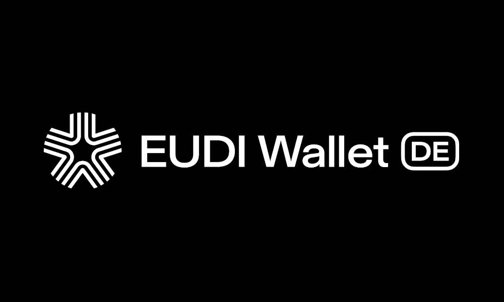 Logo featuring a stylised white star symbol and the text ‘EUDI Wallet DE’ on a black background