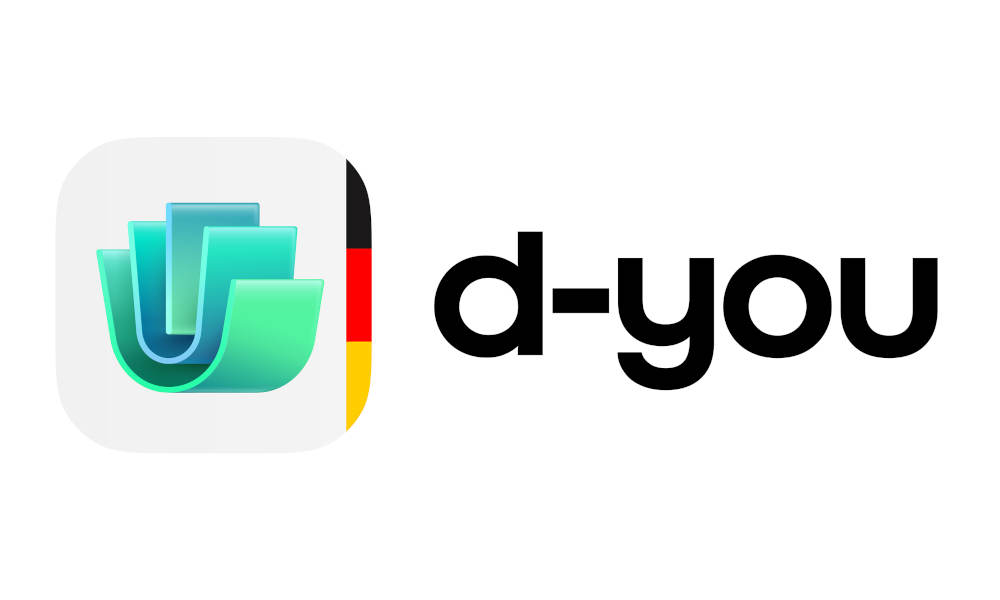 Montage: Logo of the German EUDI Wallet “d-you.” On the left is a square app icon with rounded corners. Inside, several overlapping turquoise and green shapes form a stylized letter “U.” Black, red, and gold stripes appear along the icon's right edge. To the right is the wordmark “d-you” in black.
