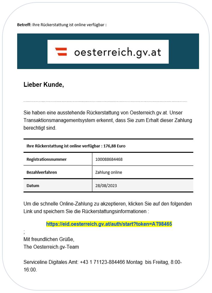 Bildschirmfoto: Phishing-Mail mit Oesterreich.gv.at Logo und anschließendem Text.