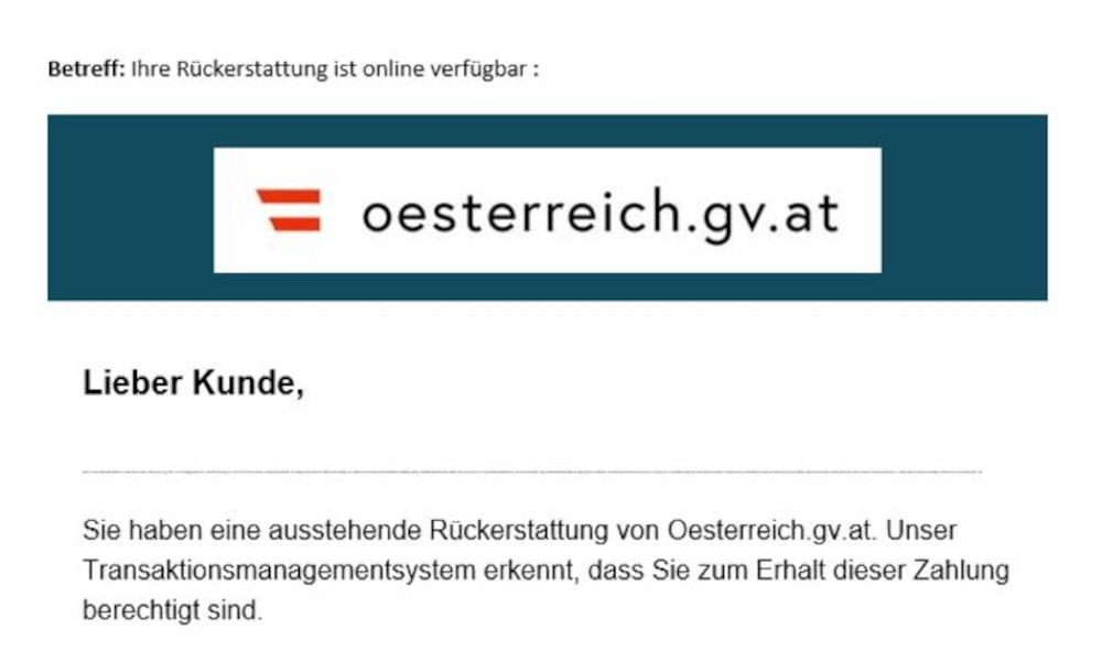 Bildschirmfoto: Beispiel für ein im Namen von A-Trust versendetes Phishing-Mail.