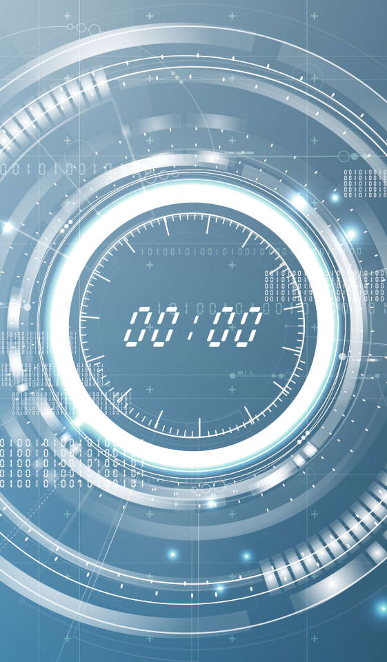 Futuristische Darstellung einer digitalen Uhrzeit, die 00:00 anzeigt; Im Hintergrund Binärcode.