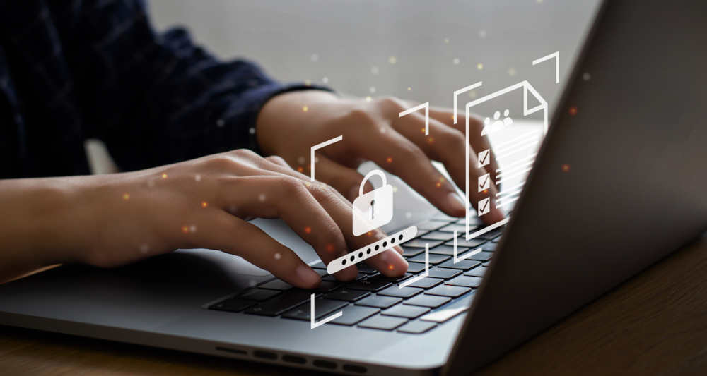 The image shows the hands of a person typing on a laptop keyboard. Digital symbols are superimposed over the hands, including a lock, a password field and a document with checkboxes, which refers to the topics of internet security and data protection.