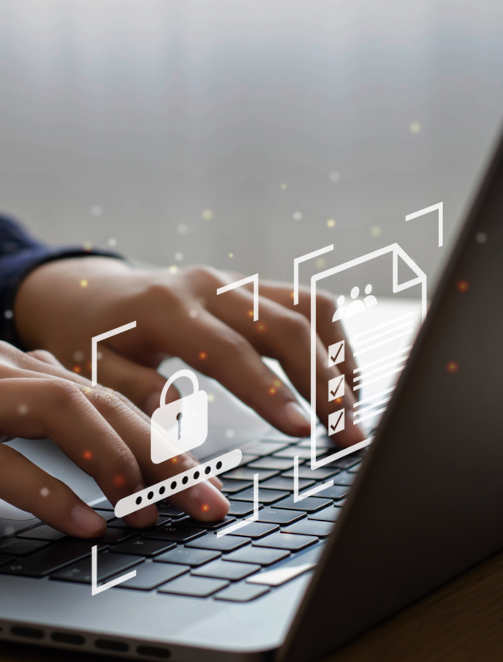 The image shows the hands of a person typing on a laptop keyboard. Digital symbols are superimposed over the hands, including a lock, a password field and a document with checkboxes, which refers to the topics of internet security and data protection.