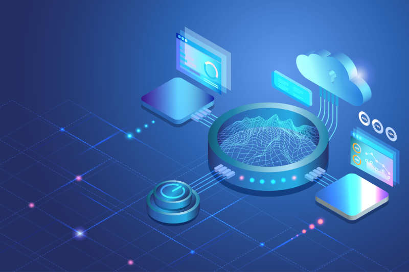 Montage: Eine 3D-Illustration einer technischen Sandbox-Umgebung; in der Mitte befindet sich die Sandbox; Links und rechts sind Datenquellen angebunden; Davor ist eine Energiequelle dargestellt, dahinter eine Cloud-Infrastruktur, die virtuelle Tests symbolisiert.